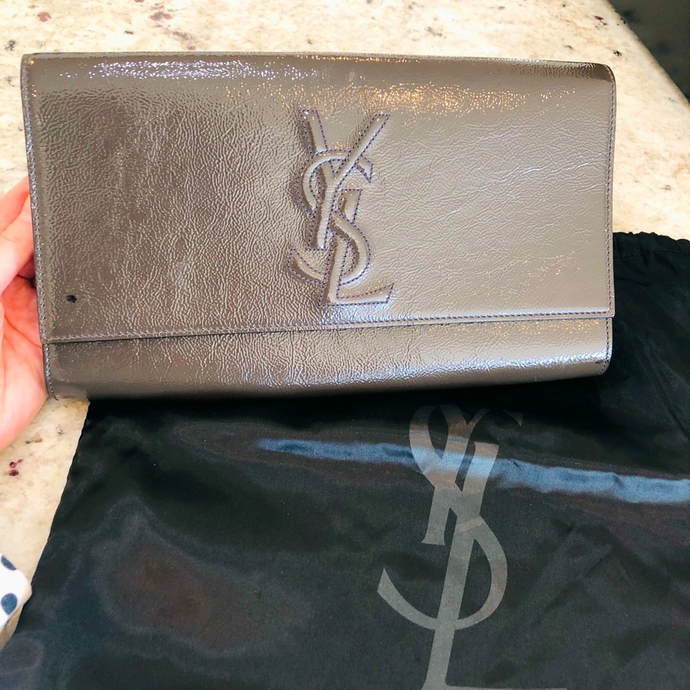 YSL patent clutch in dark gray